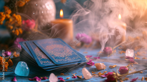 Tarot cards on the table with crystals, dry flowers and smoke . Blurred background.
