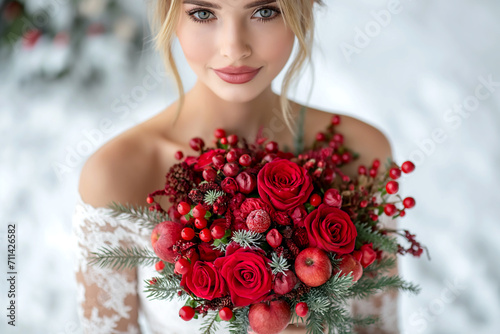 portrait beautiful girl with bridal bouquet of roses, bride holding bouquet, pink roses, wedding day