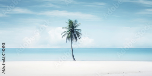 One lonely palm tree on a white beach. Calm sae with mist. Tranquil seashore landcsape. Generative AI