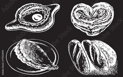 Vector khachapuri and Italian calzone on a plate, bread and bun isolated on black, food illustration. Bakery elements