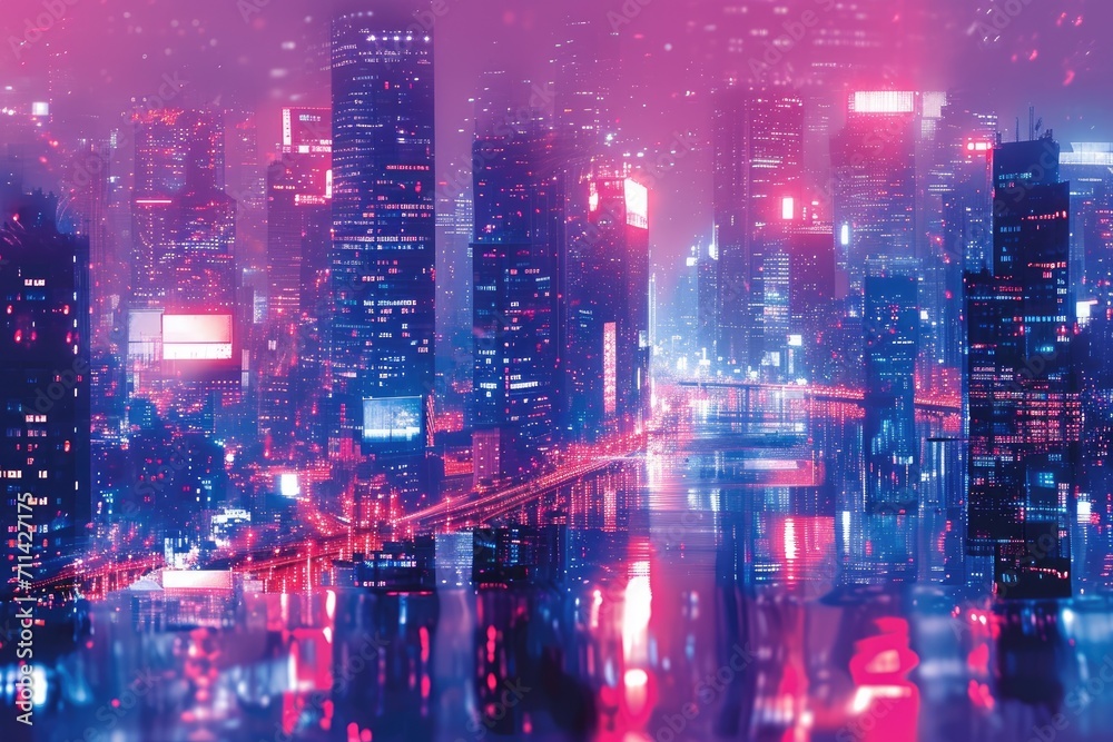 Electrifying Visions: A Glitchy Cityscape Awash with Neon Lights
