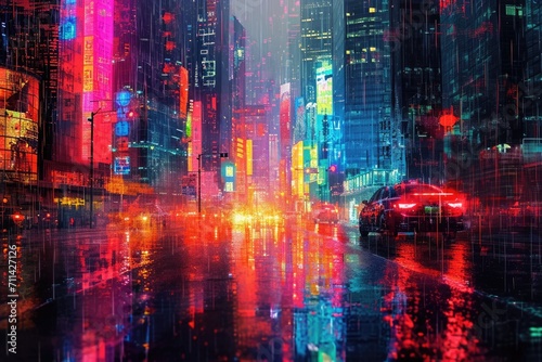 Electrifying Visions  A Glitchy Cityscape Awash with Neon Lights
