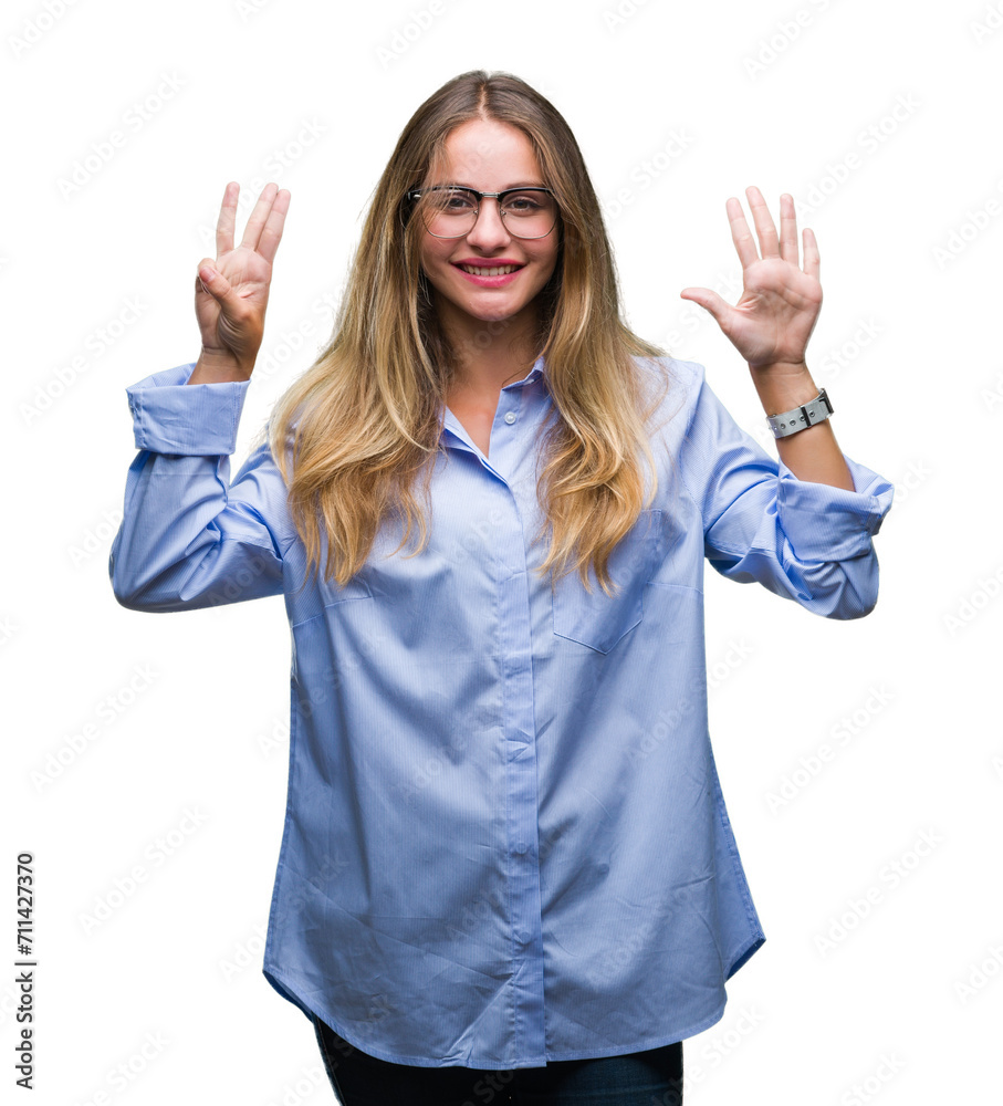 Young beautiful blonde business woman wearing glasses over isolated background showing and pointing up with fingers number eight while smiling confident and happy. Young beautiful blonde business woman wearing glasses over isolated background showing and pointing up with fingers number eight while smiling confident and happy.