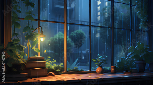 Rain falling on the window, flowing raindrops, comfortable rain sound ASMR, a cat sleeping on a desk with books, notes, and coffee, resting in a cozy cafe and library, and raining scenery,, A Symphon