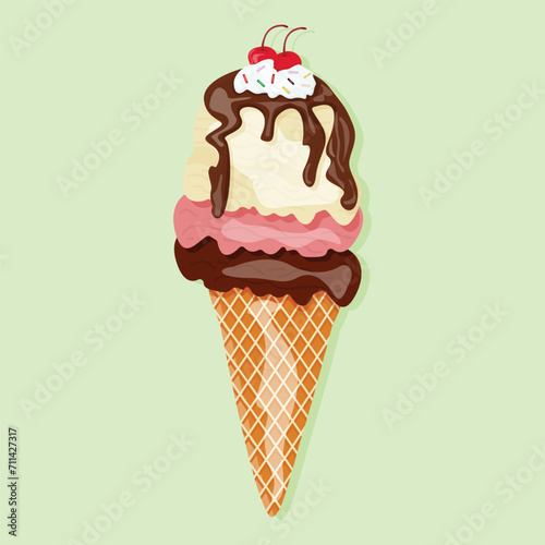 Vector illustration of 3 colors and 3 flavors of ice cream in a cone and red cherry. The picture contains mouthwatering ice cream in waffle cones.