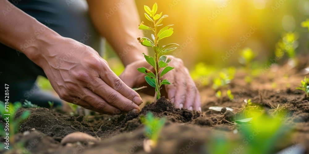 Fototapeta premium Planting new trees, planting new trees in an open area, new tree planting in a mountain