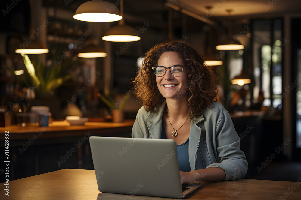 woman working on laptop in cafe woman working on laptop in cafe