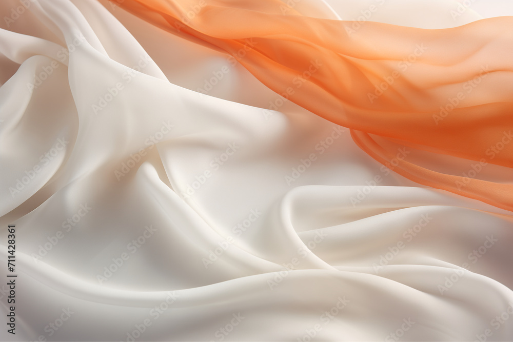 Fototapeta premium Abstract backdrop with flowing peach silk fabric. Image for luxury fashion, cosmetic, perfume brands. Banner with copy space.