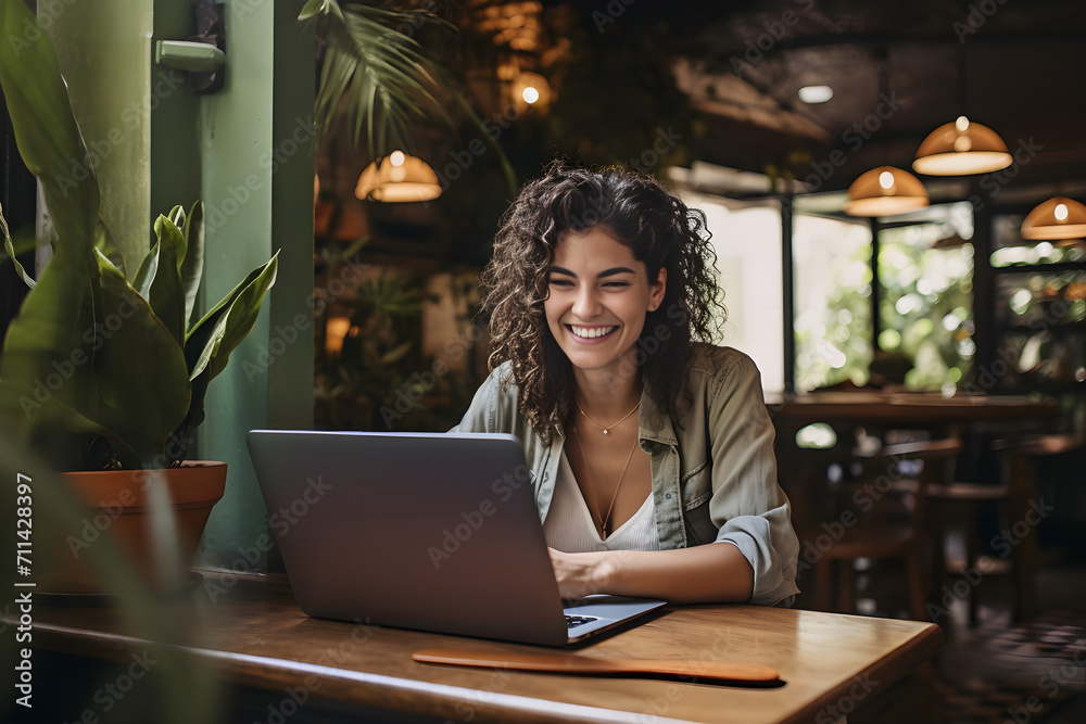 woman working on laptop in cafe woman working on laptop in cafe