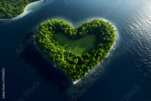 A heart surrounded by green nature and clear water to indicate love of nature, preserving the environment, and rejecting waste while using sustainable resources.