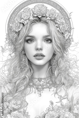 Beautiful young long-haired woman in a straw hat . Black and white illustration for adult coloring book