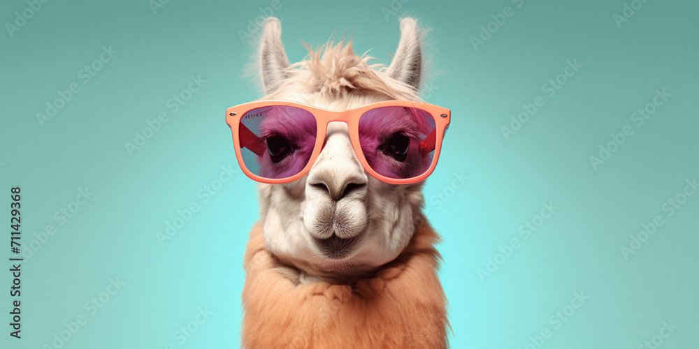 Beautiful light brown color camel wearing pink sunglasses neet sky blow background