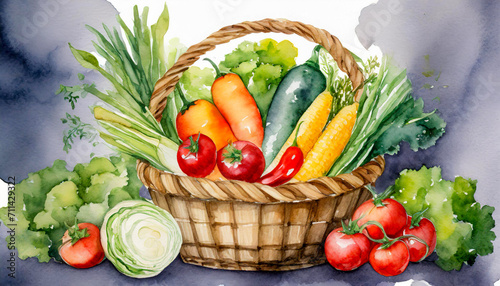 fresh vegetables in a basket  watercolor art design