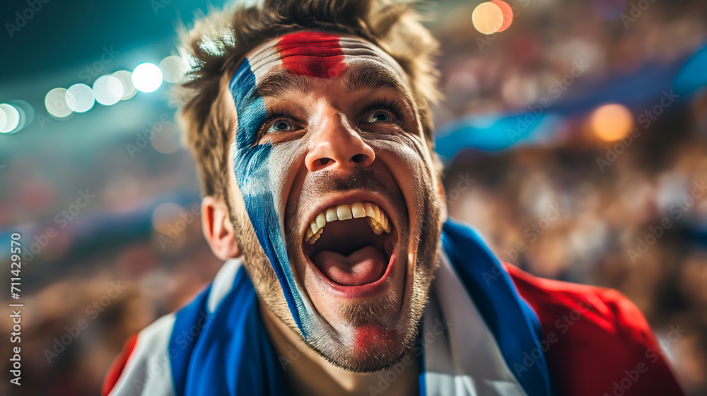 Ecstatic French soccer fan with facepaint cheering in stadium.
