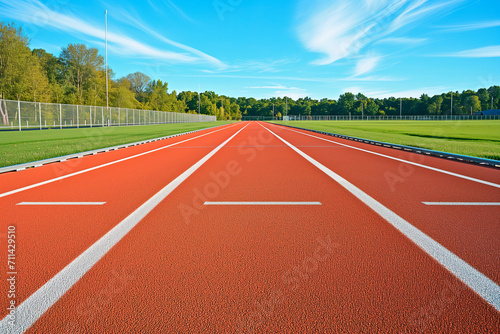 Empty running track with clear blue sky. 