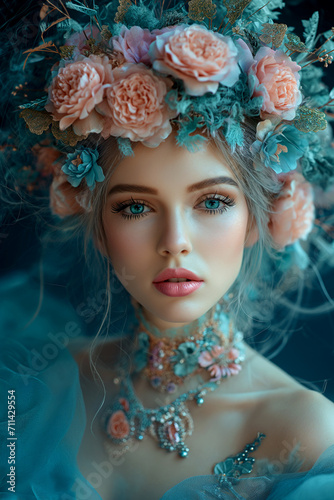 Lady with floral hairstyle and colorful makeup.