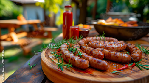 Grilled spicy sausages on summer barbecue setup. 