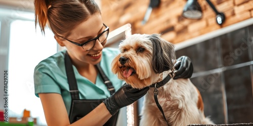 A young female professional groomer trimming a cute dog. Pet spa grooming salon photo