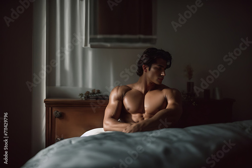 Shirtless Man Sitting on Dark Room Bed, Relaxing and Reflecting. Generative AI.