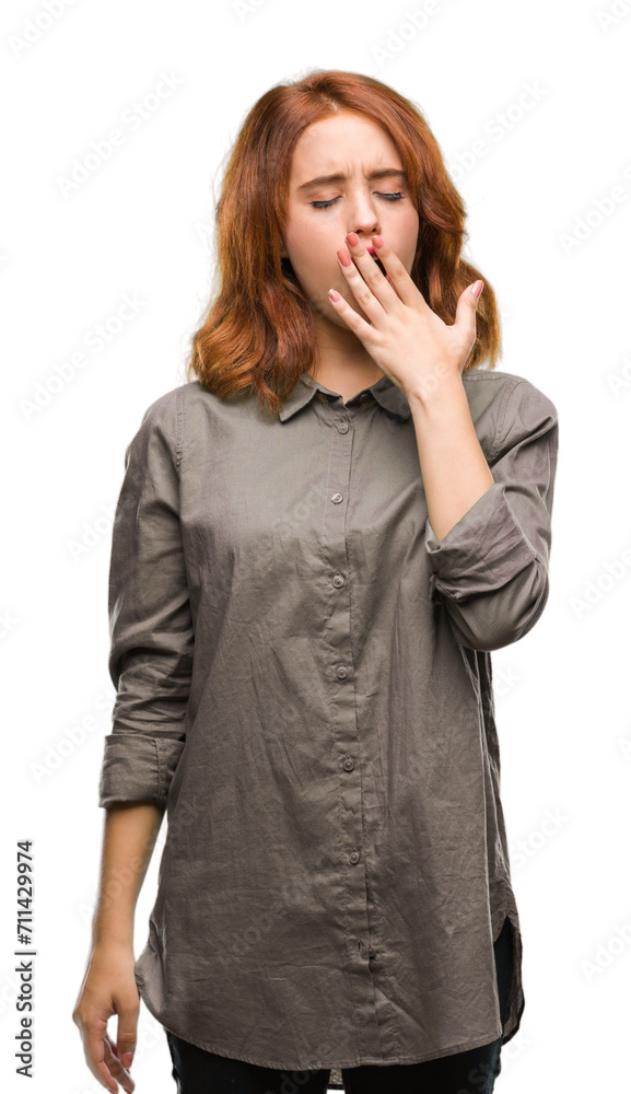 Young beautiful woman over isolated background bored yawning tired covering mouth with hand. Restless and sleepiness. Young beautiful woman over isolated background bored yawning tired covering mouth with hand. Restless and sleepiness.