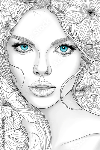 Sketch of beautiful woman with flower. For adult coloring book