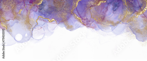 Abstract background. Hand painted alcohol ink ethereal border, purple and pink color accent on transparent backdrop supplemented with golden dust and paths. png file
