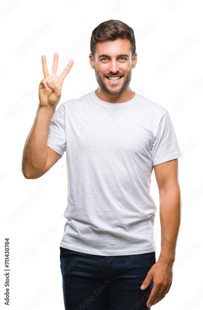 Young handsome man over isolated background showing and pointing up with fingers number three while smiling confident and happy. Young handsome man over isolated background showing and pointing up with fingers number three while smiling confident and happy.