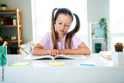 Photo of focused concentrated intelligent girl read attentive book morning bright interior house inside