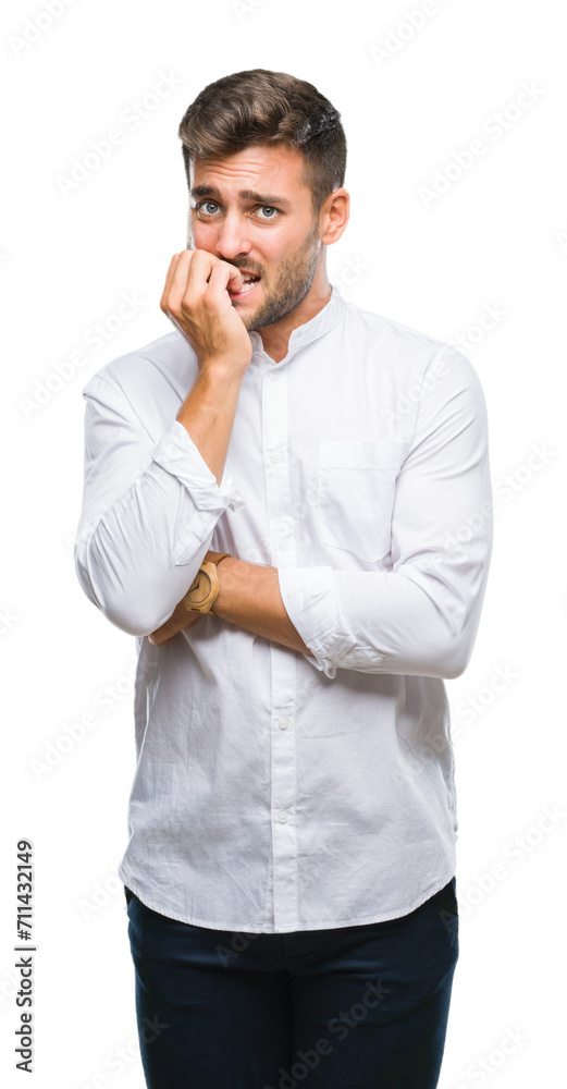 Young handsome man over isolated background looking stressed and nervous with hands on mouth biting nails. Anxiety problem. Young handsome man over isolated background looking stressed and nervous with hands on mouth biting nails. Anxiety problem.