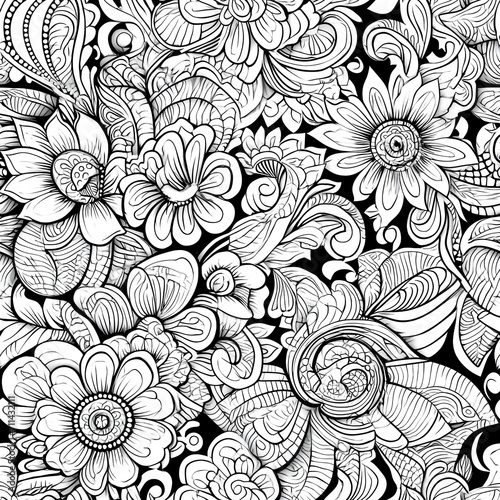 Monochrome Ornate Pattern with Floral Motifs. Hand drawn pattern with leaves and flowers. Doodles floral ornament.