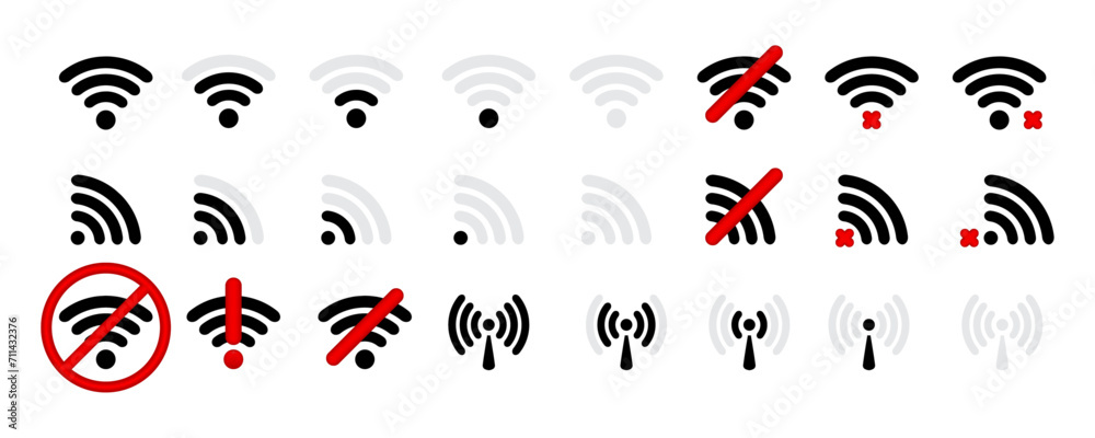 WiFi icon and wi-fi icon set. No wifi and without wi-fi. Different levels of Wi Fi signal collection. Wi Fi and hotspot icon. Vector. WiFi icon and wi-fi icon set. No wifi and without wi-fi. Different levels of Wi Fi signal collection. Wi Fi and hotspot icon. Vector.