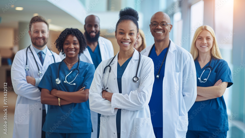 Team of diverse nurses and doctors in hospital providing excellent health care services