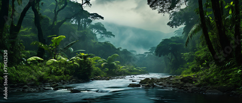 Serene Rainforest River: Aerial Photography with Top View, Greeny Hues, Mist, and Morning Light © Rukma