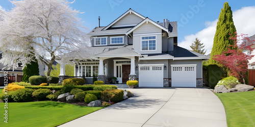 Modern Suburban House Exterior stock photo with beautiful garden on the front of luxury house with sky background Ai Generative photo