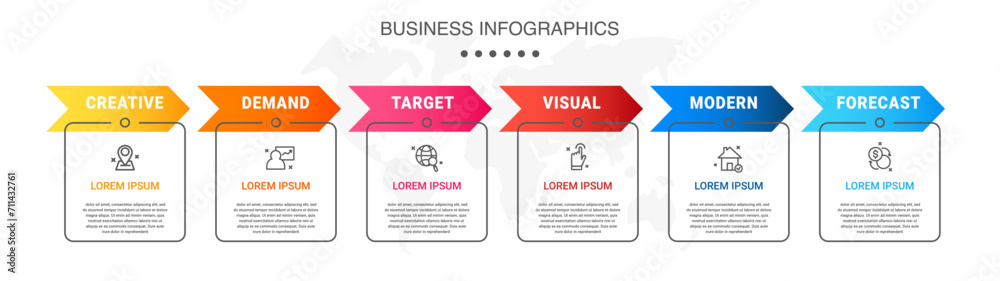 Vector concept of infographics with arrow business model for 6 successive steps. Six colorful timelines with rectangular elements. Modern design for brochure, and presentation Vector concept of infographics with arrow business model for 6 successive steps. Six colorful timelines with rectangular elements. Modern design for brochure, and presentation