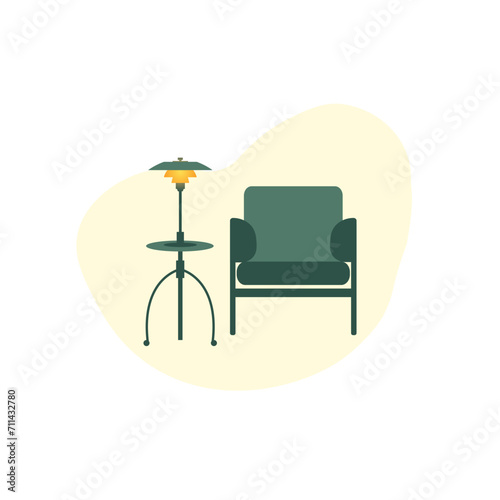 Armchair, table and lamp flat icon. Furniture, interior design vector icon