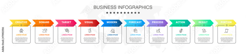 Vector concept of infographics with arrow business model for 10 successive steps. Ten colorful timelines with rectangular elements. Modern design for brochure, and presentation Vector concept of infographics with arrow business model for 10 successive steps. Ten colorful timelines with rectangular elements. Modern design for brochure, and presentation