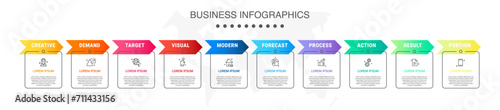 Vector concept of infographics with arrow business model for 10 successive steps. Ten colorful timelines with rectangular elements. Modern design for brochure, and presentation