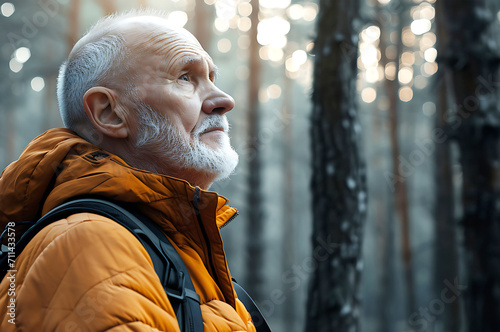 Elderly Hiker's Contemplative Forest Pause. Close-up of an elderly tourist with a white beard, wearing an orange jacket and backpack, looking up thoughtfully among the forest trees. Horizontal photo