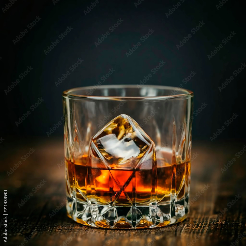 Glass of whiskey or cognac with ice on a dark background