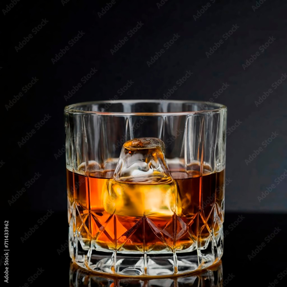 Glass of whiskey or cognac with ice on a dark background Glass of whiskey or cognac with ice on a dark background