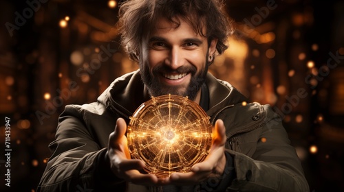 Lachender Mann schaut in eine goldene Zukunft Glaskugel leuchten strahlend Gold photo