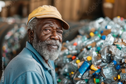 A black old man recycling worker collecting and sorting waste materials.