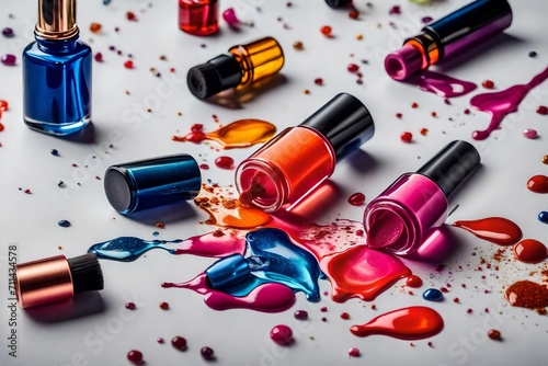 Spilled color nail polish with bottles 