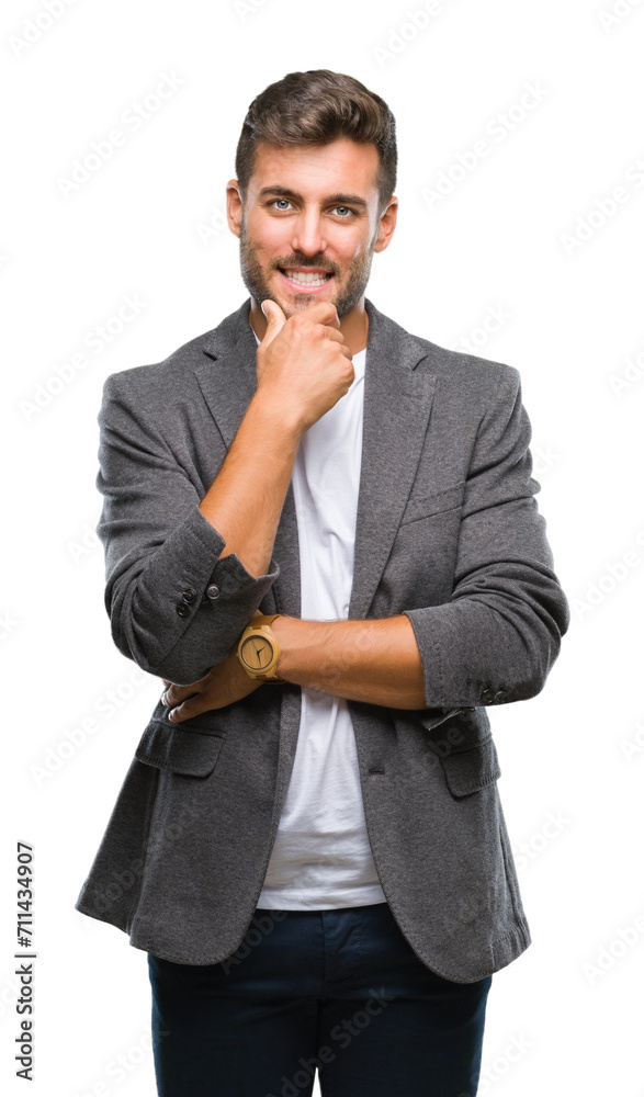 Young handsome business man over isolated background looking confident at the camera with smile with crossed arms and hand raised on chin. Thinking positive. Young handsome business man over isolated background looking confident at the camera with smile with crossed arms and hand raised on chin. Thinking positive.
