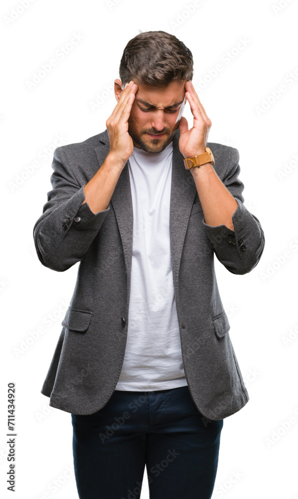Young handsome business man over isolated background with hand on head for pain in head because stress. Suffering migraine. Young handsome business man over isolated background with hand on head for pain in head because stress. Suffering migraine.