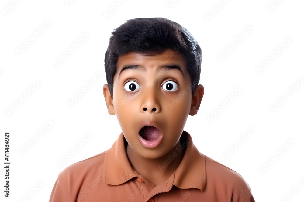 portrait with shocked face of an indian child boy isolated on white background