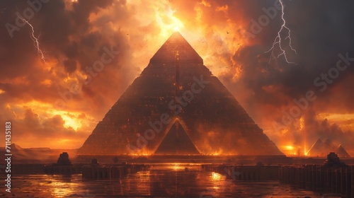 Egyptian pyramid in water with lightning in the background, Generative AI