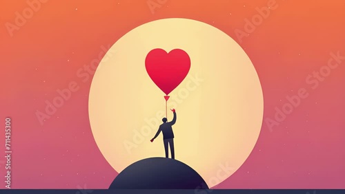 An ilration of a person holding a balloon with an arrow pointing up to the sky with the caption Ascending Excitement Psychology art concept. photo