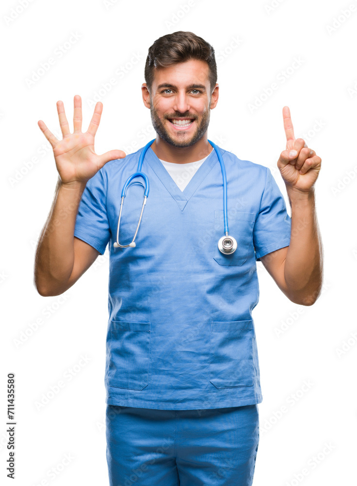 Young handsome doctor surgeon man over isolated background showing and pointing up with fingers number six while smiling confident and happy. Young handsome doctor surgeon man over isolated background showing and pointing up with fingers number six while smiling confident and happy.